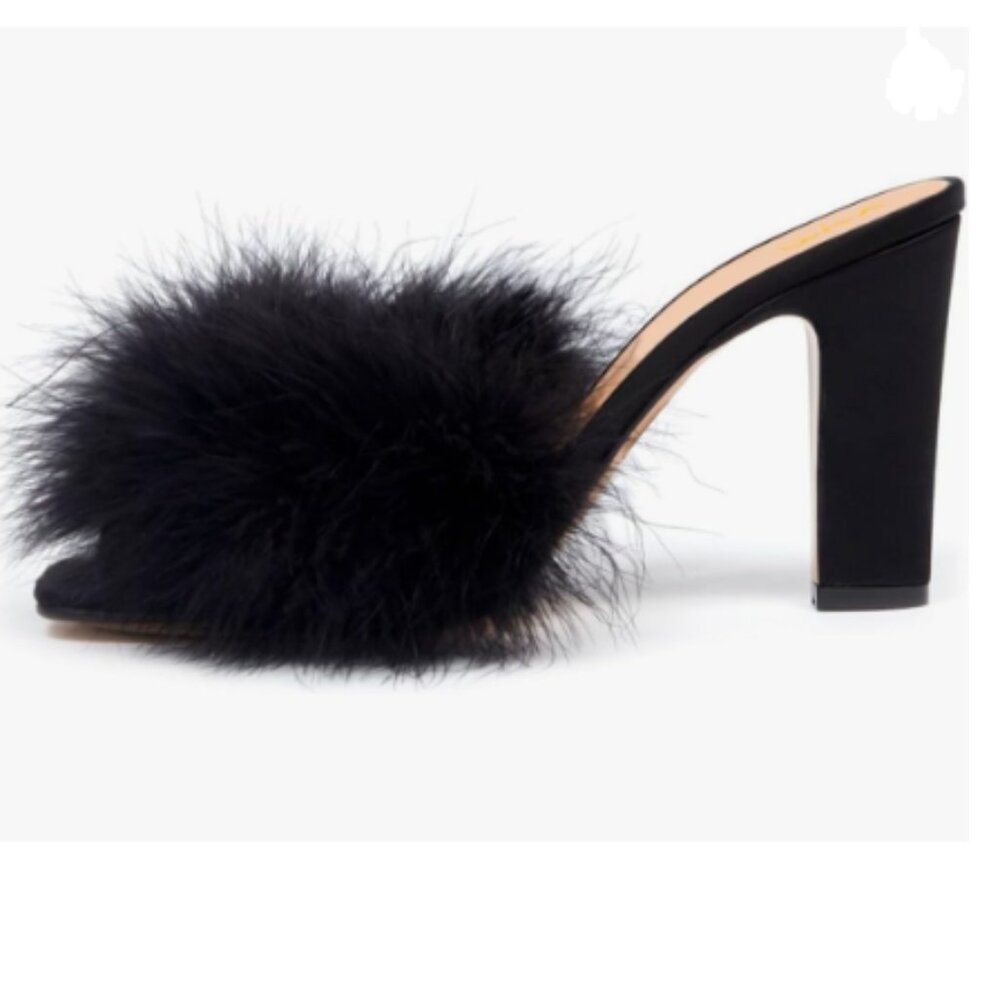 XYD Black Block Heel Mules Faux-fur Open Square Toe High Heel Slides Sandals